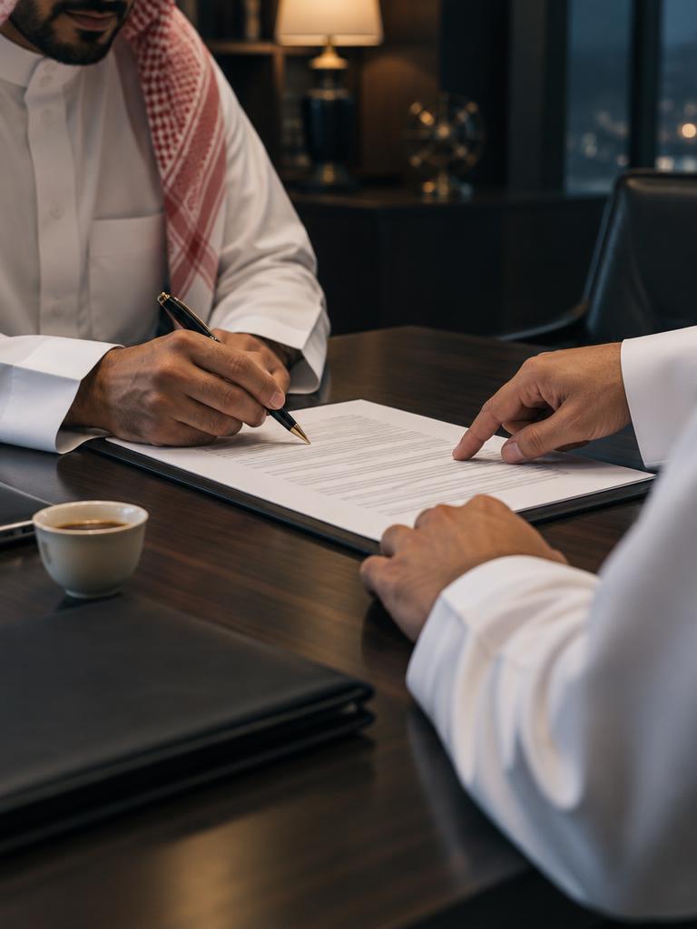 مراجعة عقد على طاولة اجتماعات